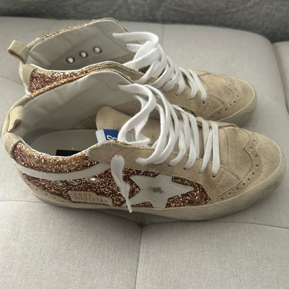 Golden Goose Cream and Gold Distressed Sneakers
